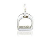 A sterling silver charm with a stirrup design, decorated with sparkly stones, on a white background.